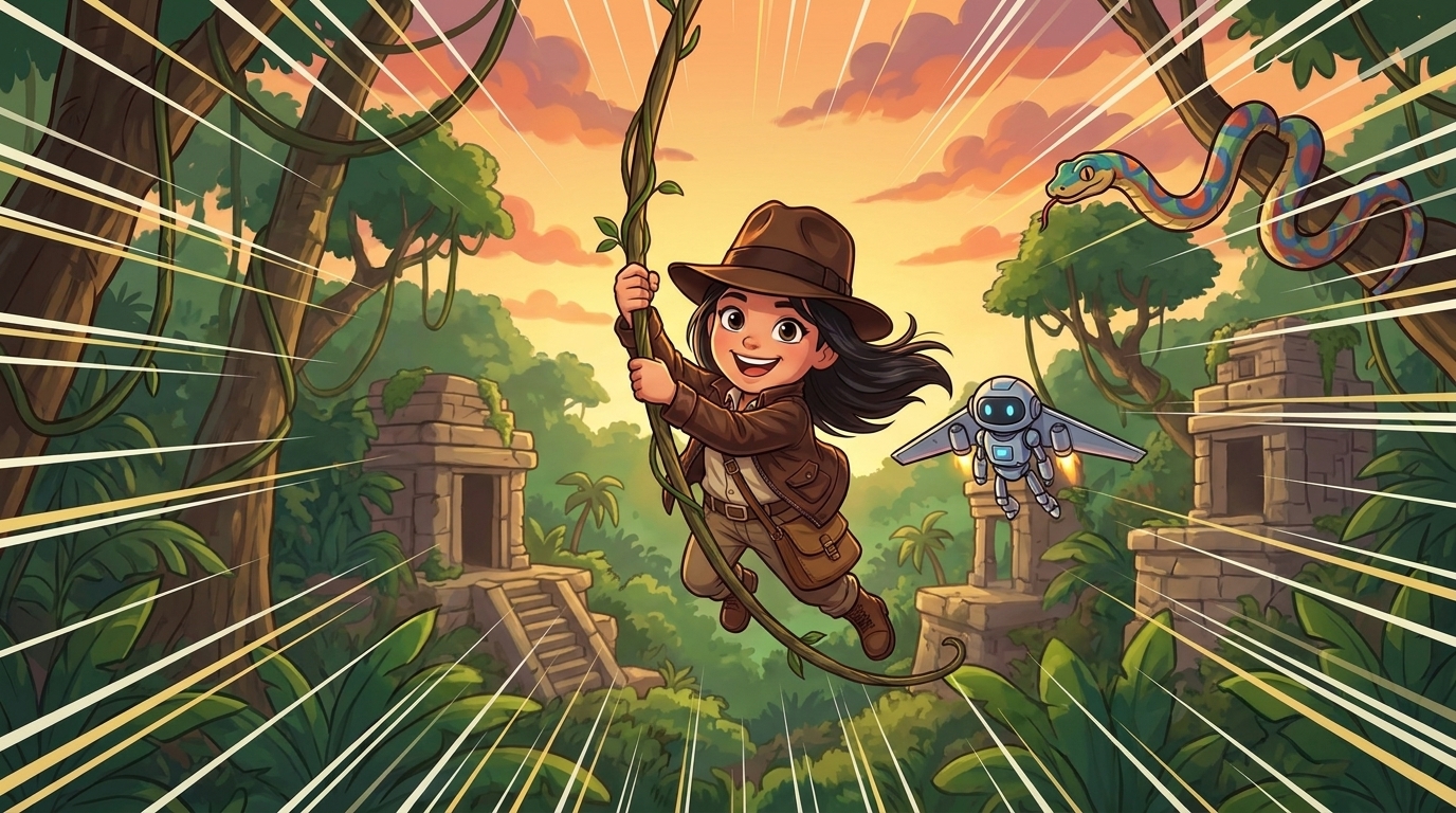A young adventurer swinging on a vine through a vibrant jungle