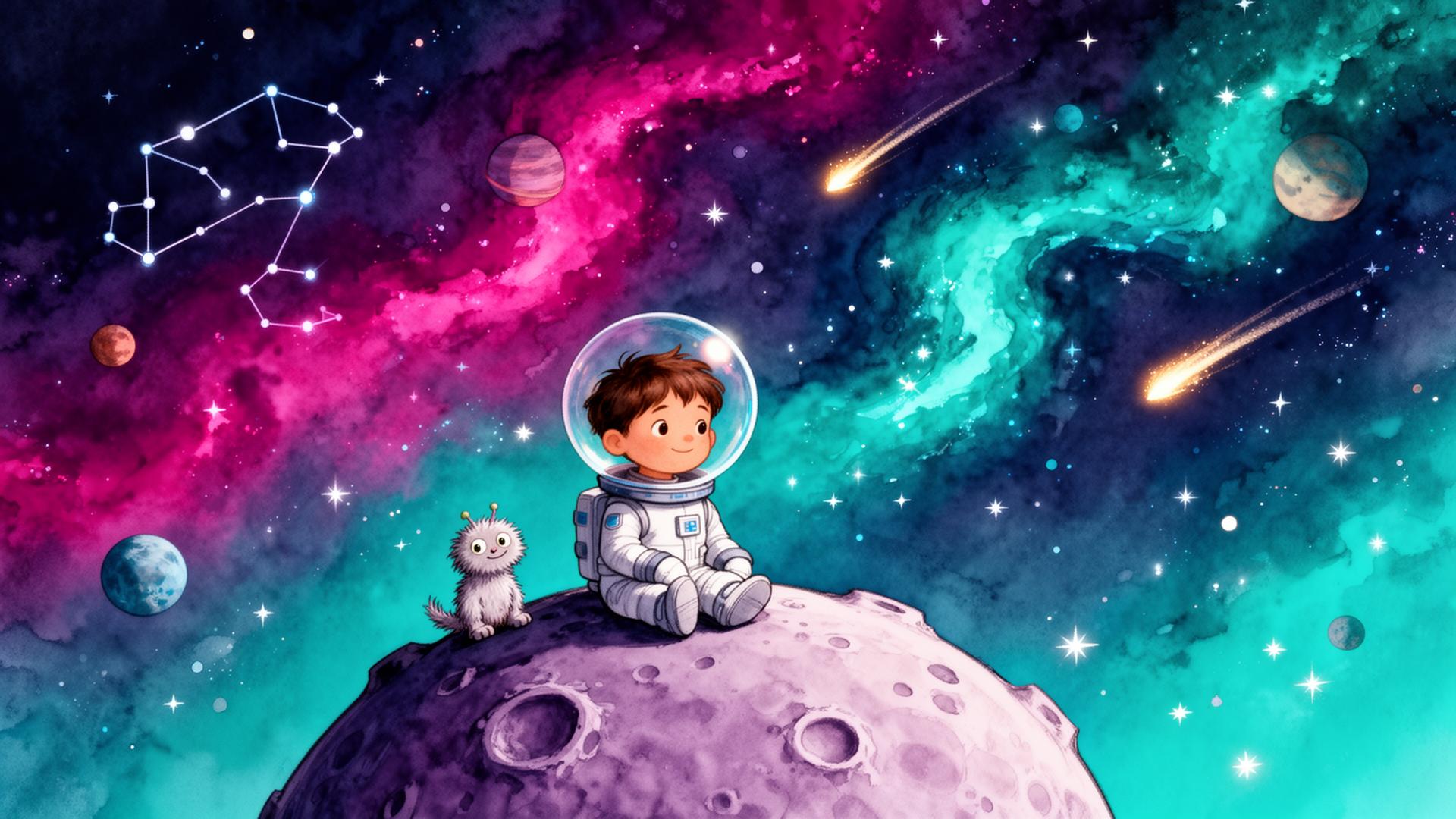 A child in a space helmet sitting on a moon with a small alien friend